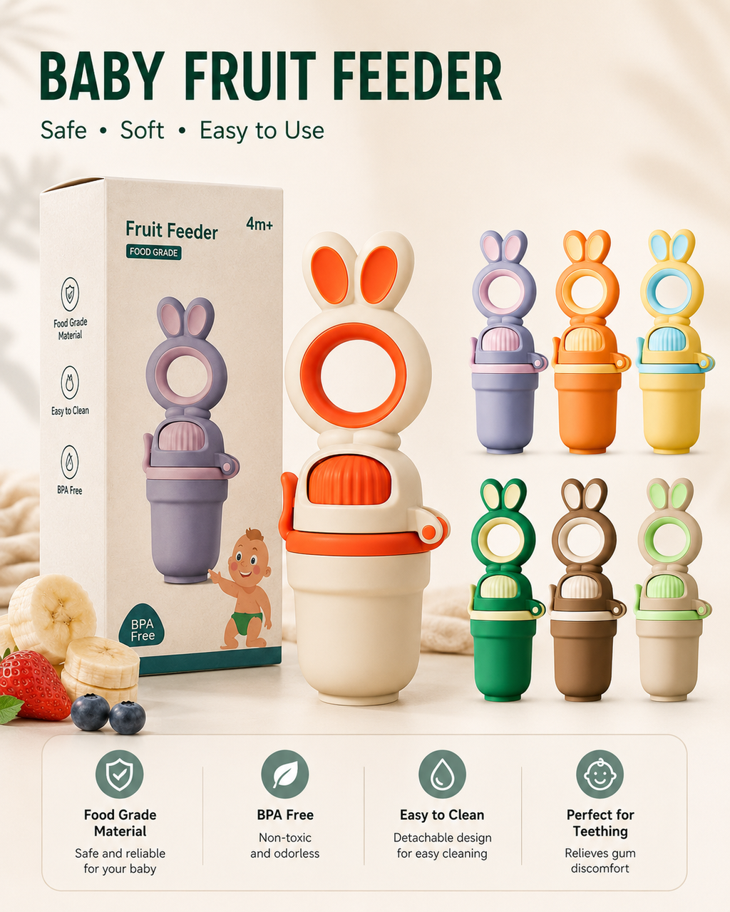 Bunny Baby Fruit Feeder™ | BPA-Free Silicone Teether & Self-Feeding Feeder