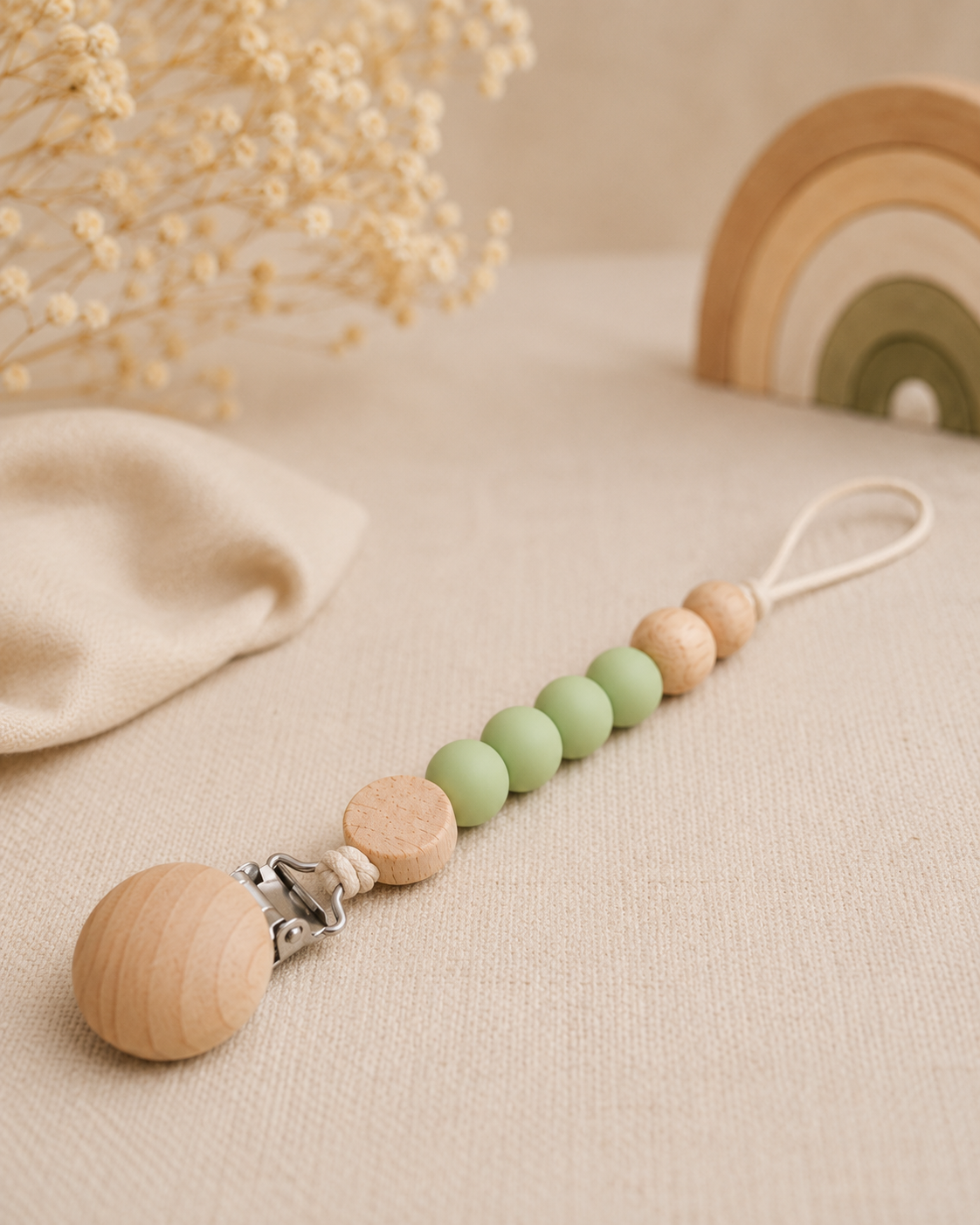 BPA-Free Silicone & Wooden Pacifier Clip – Baby Teething Bead Holder