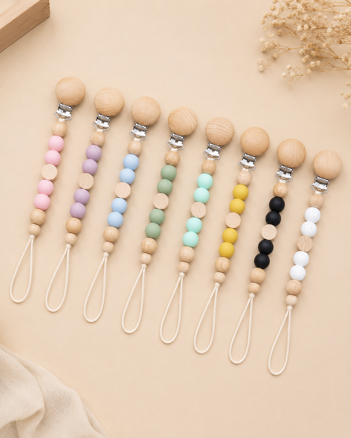 BPA-Free Silicone & Wooden Pacifier Clip – Baby Teething Bead Holder